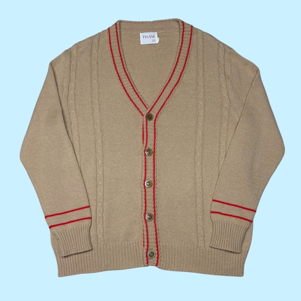 Vintage Thane Mens Tan Beige Red Stripe Cable Knit Cardigan Sweater Size M
